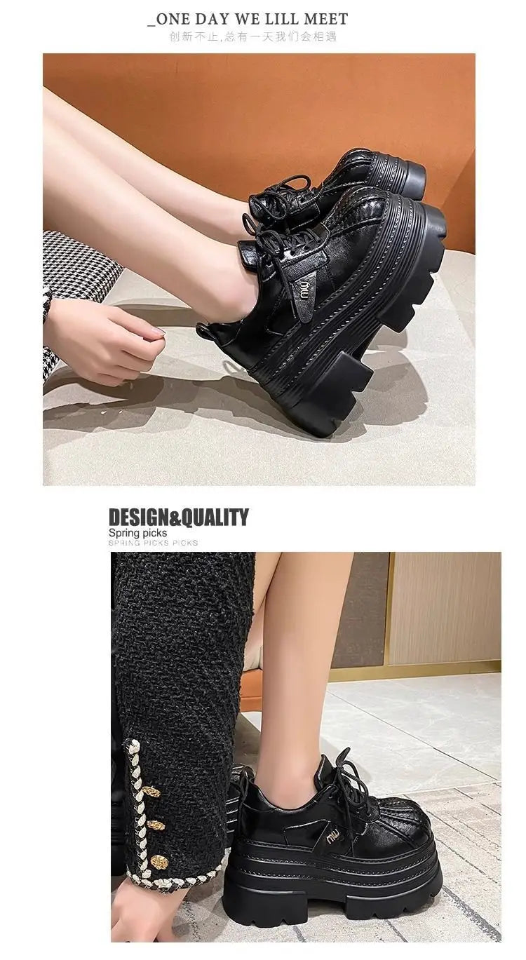 New 2025 Spring Women's Leather Sneakers High Platform Lace-up Casual Shoes Thick Sole 10CM Heels Walking Shoes