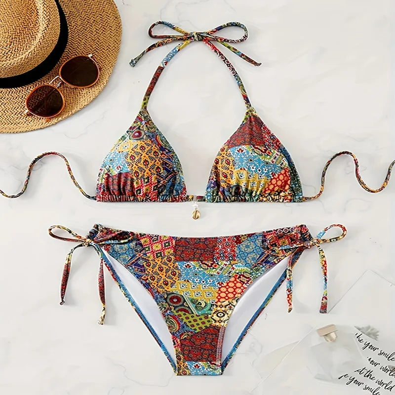 Mr. Nut 2025 New Neck Print Lace Up Split Swimsuit Women Sexy Bikini Beach Leak Back Swimsuit Bikini