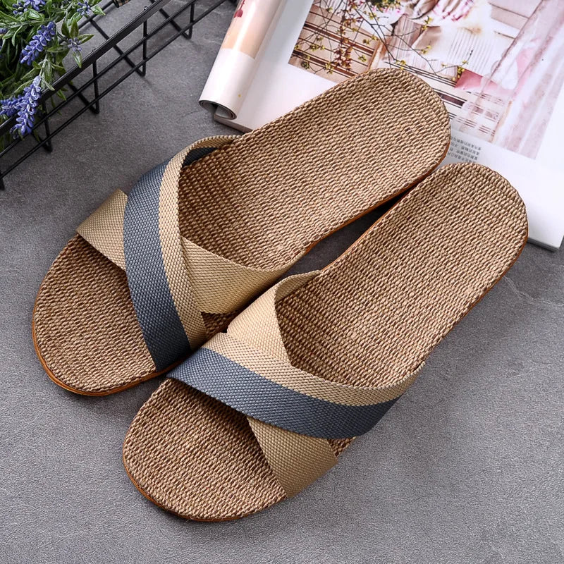 Women's EVA Linen Slippers Couple Indoor Slippers Cotton Home Non-slip Thick Bottom Summer Sandal Slippers Men