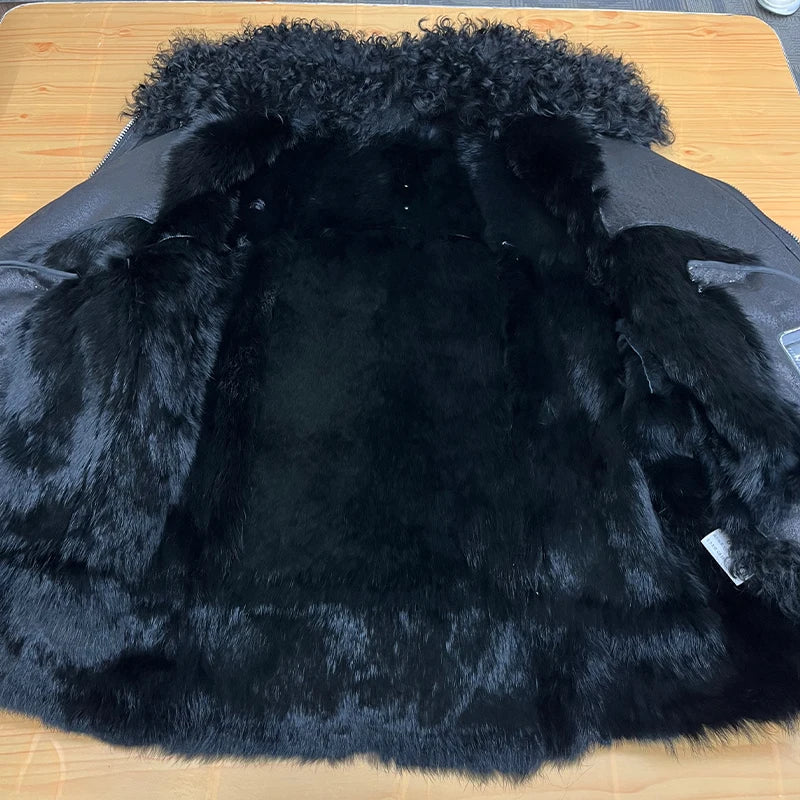 2025 New Real Fur Coat Winter Jacket Women Natural Rabbit Fur Lambswool Collar Luxury Outwear Loose Thick Warm Female Coat