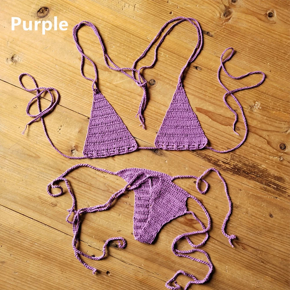 Cotton Hand Crochet Bikinis Set Women's Swimwear Bohemian 2 Pieces Swim Bras Underwear Set Bathing Suit