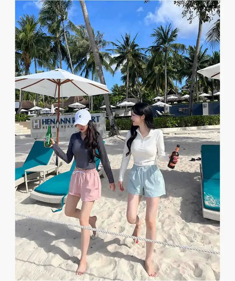 Fashionable Korean Dongdaemun Long Sleeve Women's Swimsuit Casual Beach Vacation Two Piece Conservative Student Bikini Set