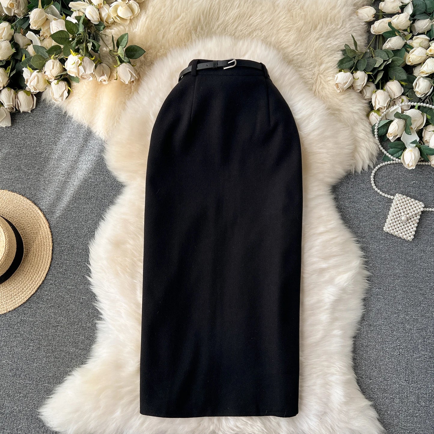 Woolen Midi Skirt Women Autumdn Winter High Waisted Elegant Pencil Skirt Female Slim Split Work Skirts
