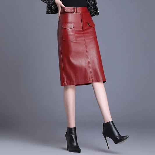 ZUZK Women  Knee Length PU Leather Skirt   Spring Autumn Solid Color Casual Straight Skirts PU Leather Skirts  3 Colors