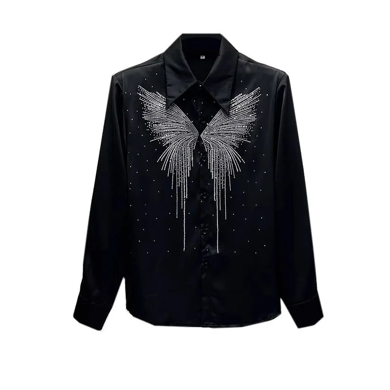 Heavy Industry Butterfly Rhinestone Shirt Men's Korean Version Shoulder Pad Versatile Casual Shirt Stage Performance Streetwear