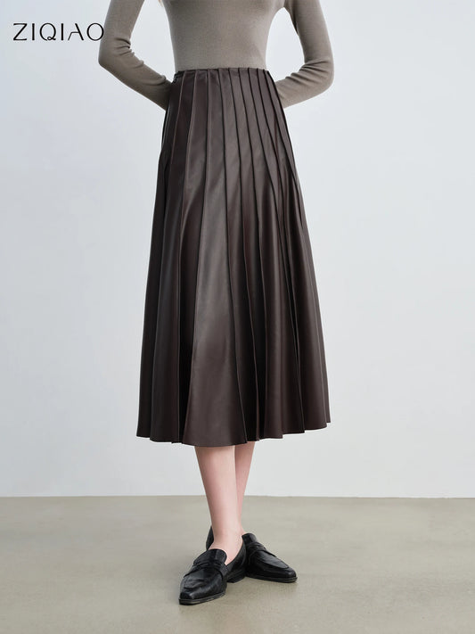 ZIQIAO Petite Women's Cherry Gloss Stylish 3D PU Leather Half Skirt 2025 New Women's A-line Pleated Umbrella Skirt 25ZQ93098