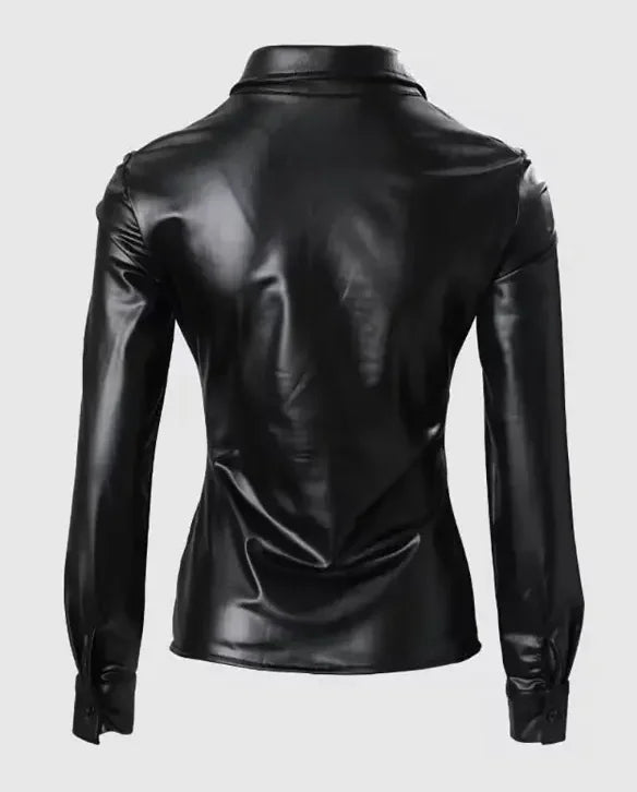 Women's Faux Leather Button Front Shirt with Ruched Lapel Collar   Stylish and Comfortable Long Sleeve Top