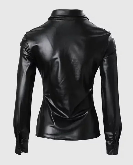 Women's Faux Leather Button Front Shirt with Ruched Lapel Collar   Stylish and Comfortable Long Sleeve Top