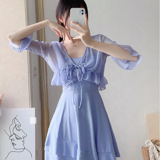 Women's High-End Bikini Tee-Piece Set Skirt Sle Faionable Thermal Spa Swimsuit Meat Covering Slimming Beachwear