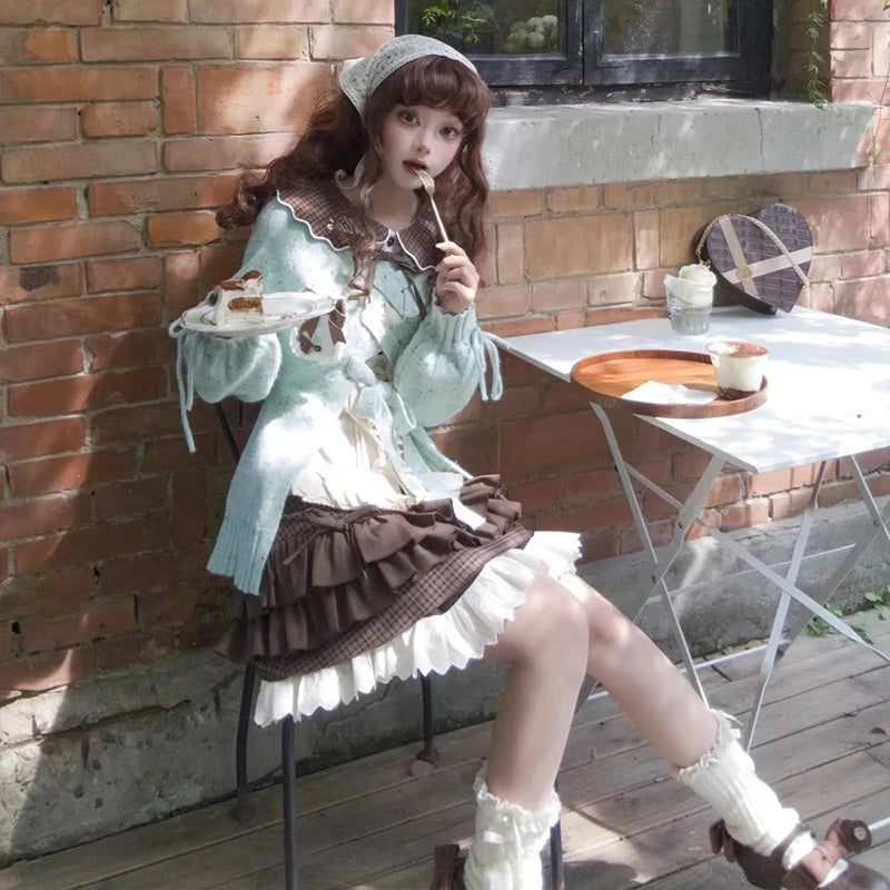 Japanese Sweet Lolita Mini knitting Skirts Women Y2K Harajuku Lace Patchwork Bow Cake Skirt High Waist Fashion A Line Skirts