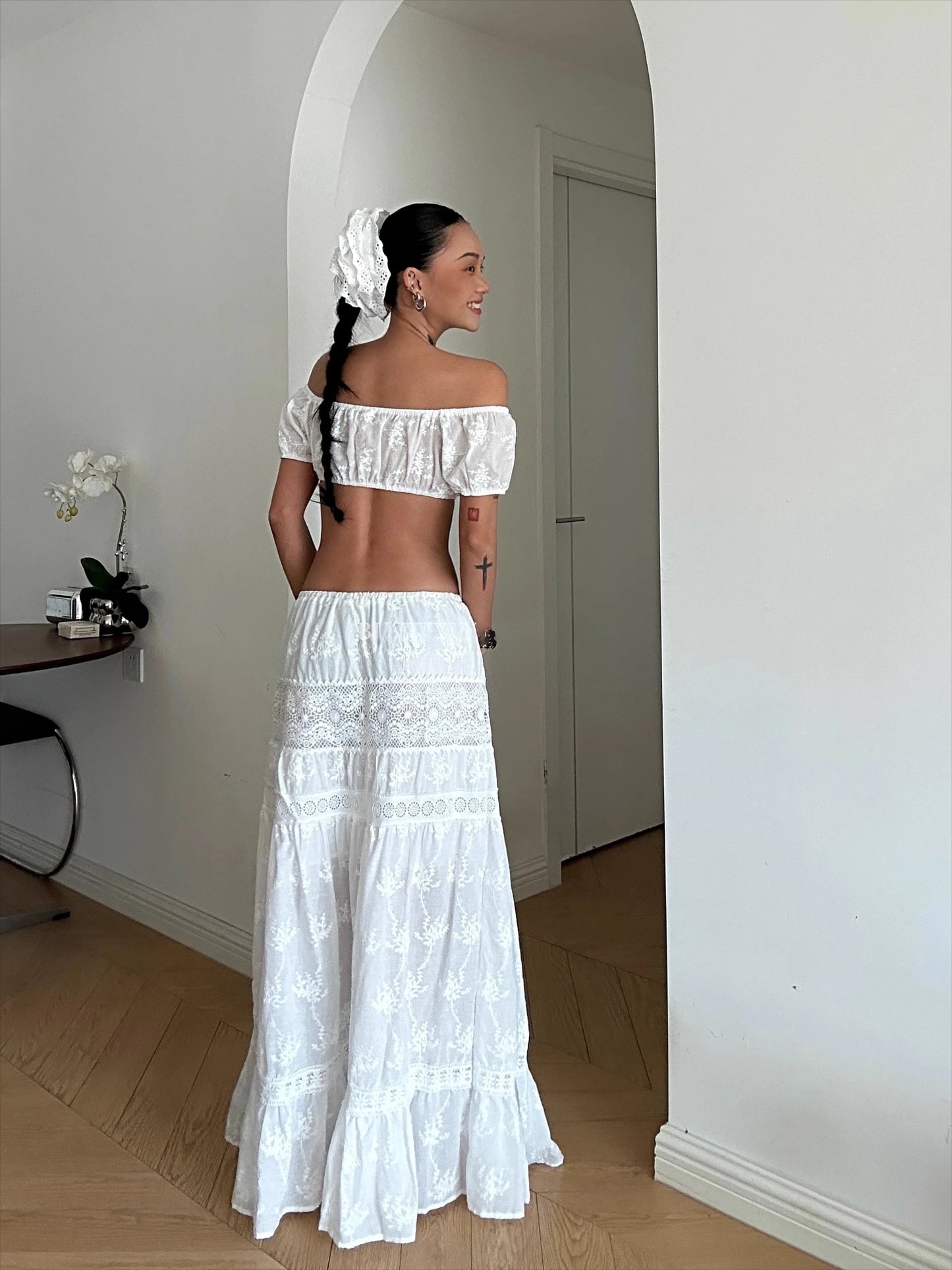 Women White Summer Outfit Botanical Garden Maxi Skirt