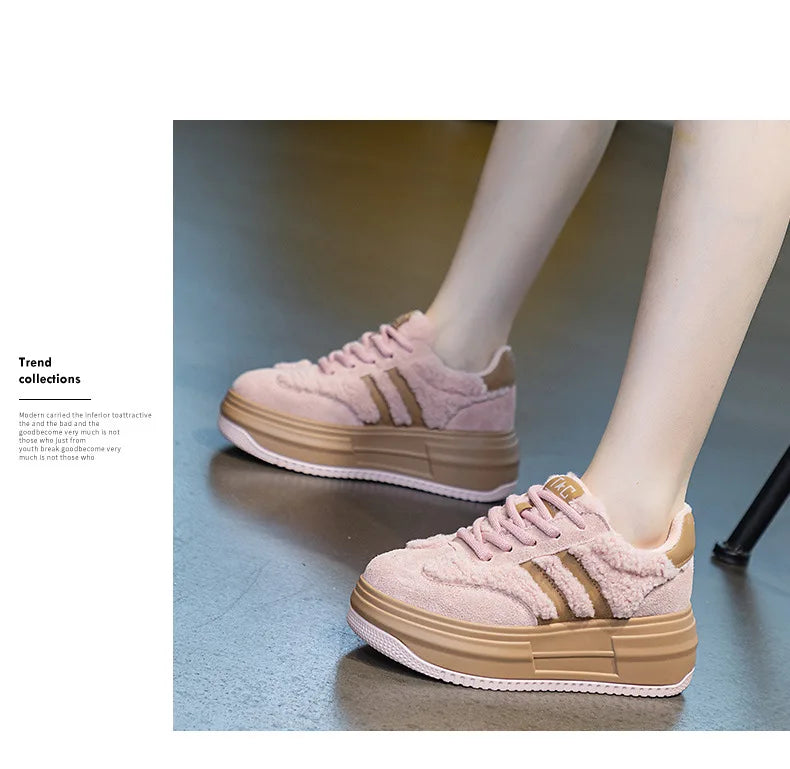 6CM Pink Natural Genuine Leather Fashion Breathable Casual Women's Shoes Platform Warm Plush Winter Autumn Comfy Ankle Booties