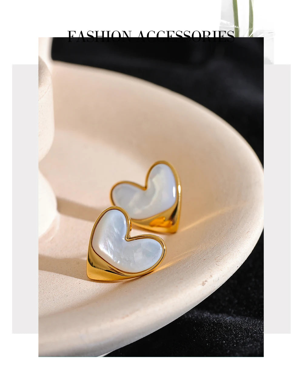 Yhpup Exquisite Stainless Steel Natural Shell Heart Love Chic Stud Earrings for Women Gold Color Fashion Charm Jewelry Bijoux