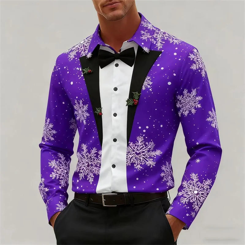 Christmas Men's Snowflake Bow Tie Pattern 3D Print Christmas Shirt Long Sleeve Tops Outdoor Holiday Gift Shirt Men Clothing
