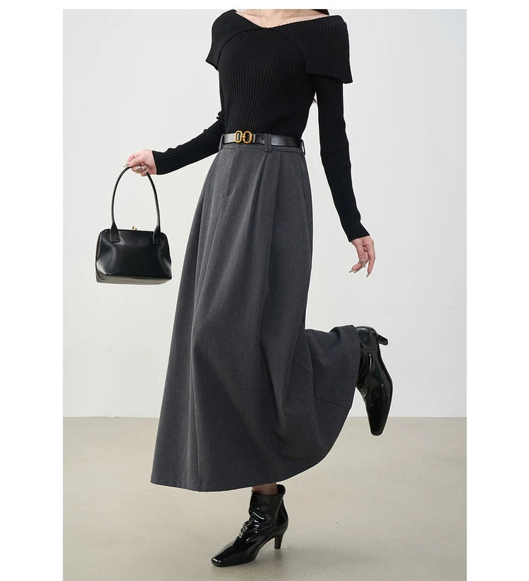 VIMLY Midi Women Skirt 2025 Autumn Office Lady Gray A-line Bud Elegant Ladies Skirt Zipper Loose Pockets Female Skirts A2202
