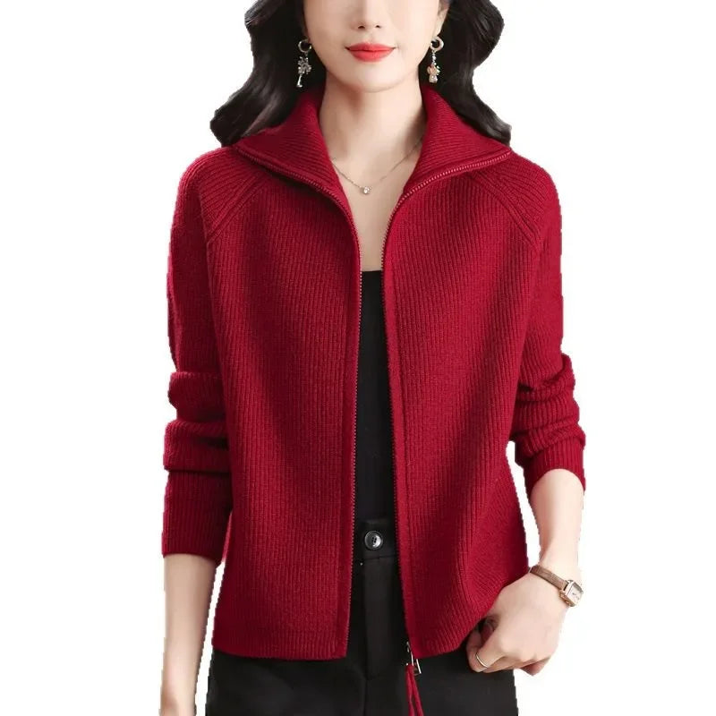 Women's Knitted Open Cardigan Coat Double Zipper Flip Collar Outerwear Fashionable Spring Autumn Winter New Arrival Top