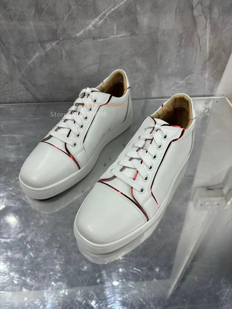 Concise White Leather Lace Up Sneakers Unisex Men Women Mixed Color Casual Skateboard Shoes Flats Footwear