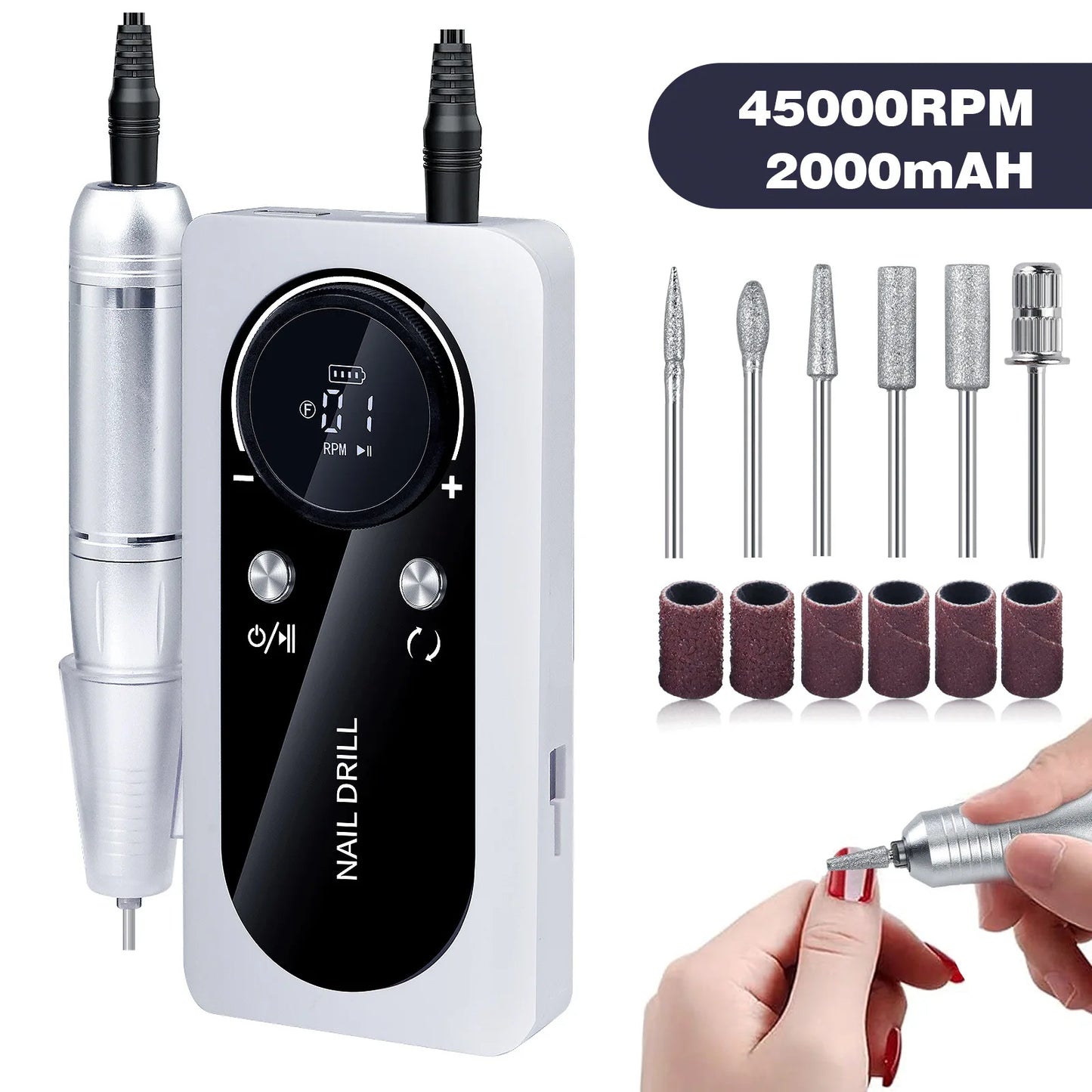 Cordless Electric Nail Drill 45000RPM - Rechargeable Professional Manicure/Pedicure Kit for Home Salon, Portable Nail Grinder