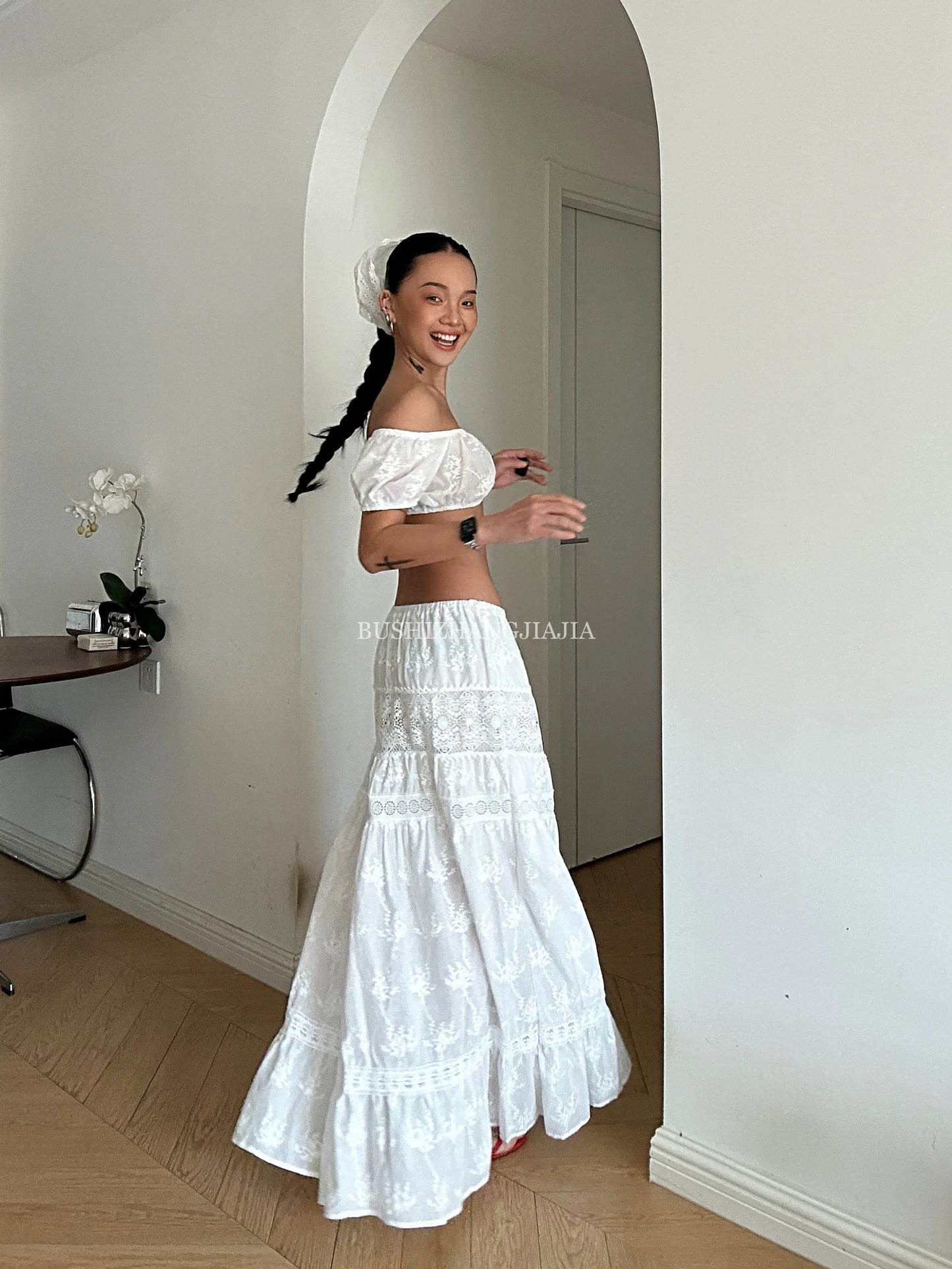 Women White Summer Outfit Botanical Garden Maxi Skirt