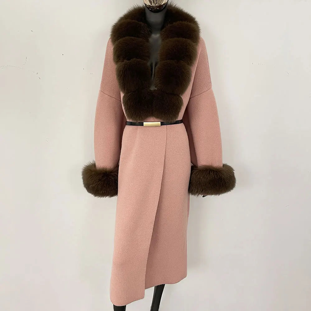 Long Knitwear Coat Women Warm Belt Real Fox Fur Jacket Female 2024 New Autumn Winter Kintted Natural Fur Coat Women
