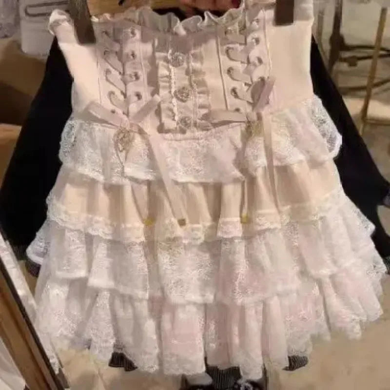 Women Japanese Sweet Lolita Style Mini Skirt Elegant Lace Bandage Party Cake Skirts Female Gothic Y2k Metal Buckle Skirt