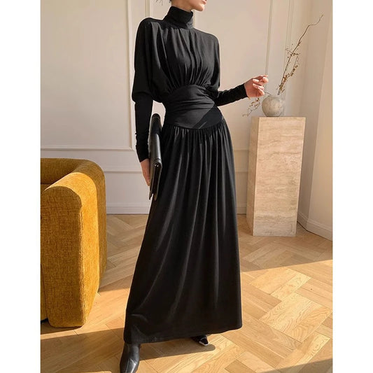 2025 Vintage Elegant Stand Collar Solid Color Party Evening Dress Women's High End Puff Sleeve Folds High Waist Slim Long Dress