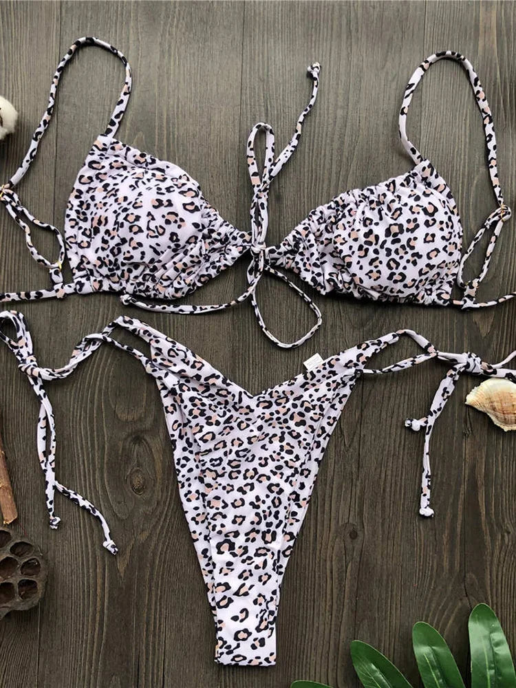 Sexy Printed Ruffled Frilled Thong Bikini Women Swimwear Female Swimsuit Two Pieces Bikini set Micro String Bathing Suit Swim
