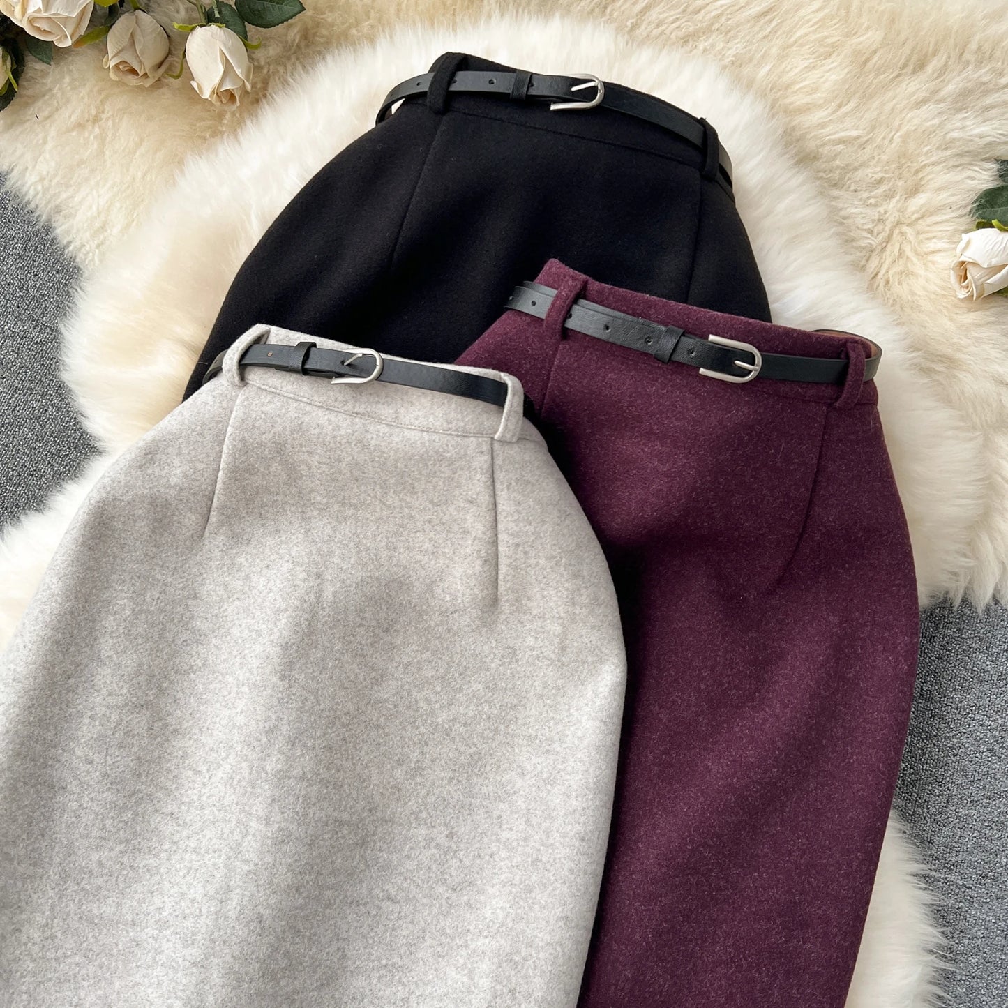 Woolen Midi Skirt Women Autumdn Winter High Waisted Elegant Pencil Skirt Female Slim Split Work Skirts