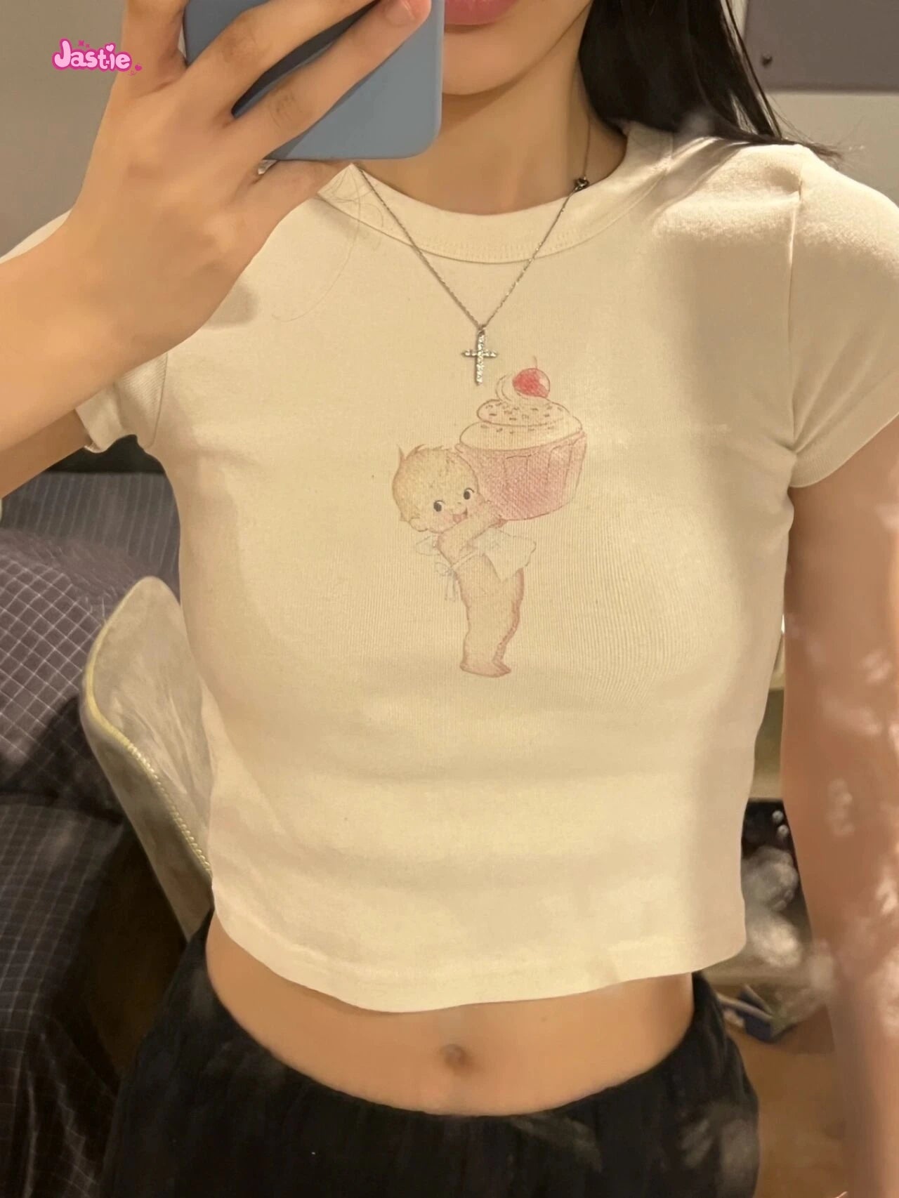 Cartoon Print Beige T-shirts Women 2024 Summer Streetwear Round Neck Short Sleeve T Shirt Female Vintage Chic Y2k Crop Top