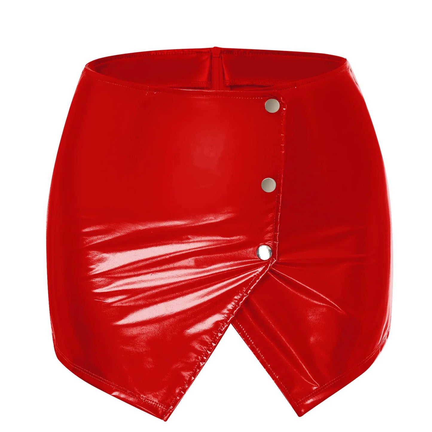 Womens Metallic Sexy Front Split Latex Mini Skirt Shiny Short Skirt Bar Clubwear Holographic Buttons Back Zipper Club Skirts