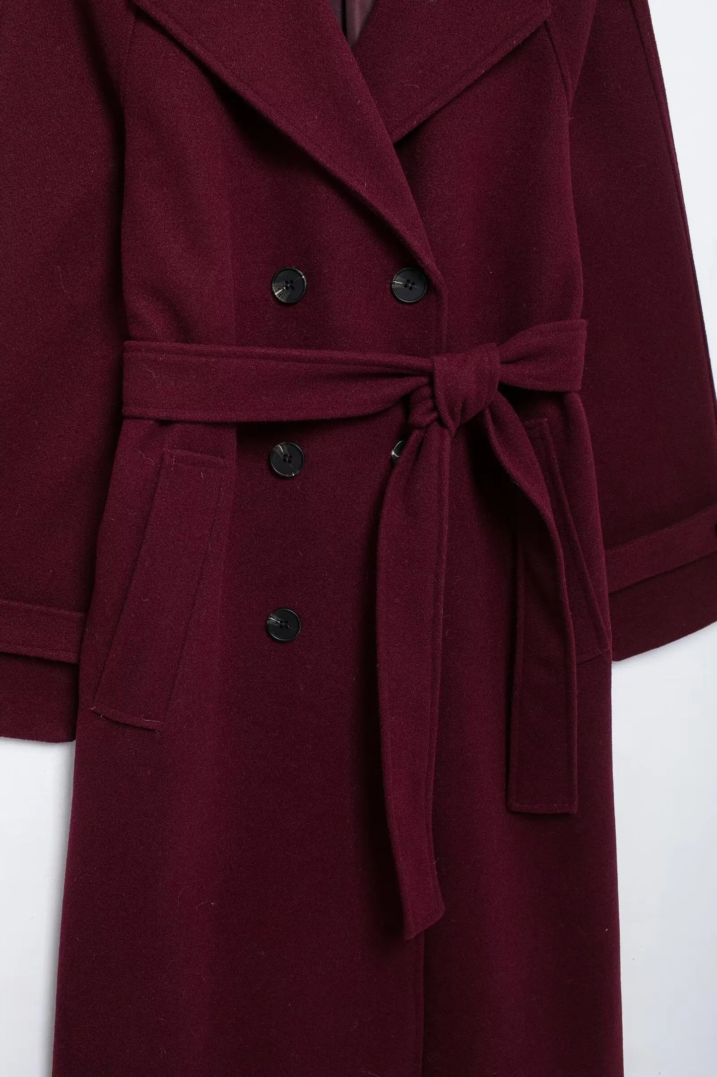 HH Women Elegant Wine Red Coat With Belt Lapel Full Sleeve Double Breasted Lady Overcoat Autumn Winter Female Outwear