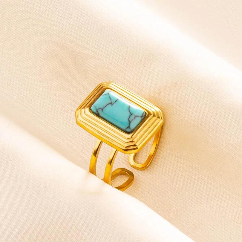 Classic Retro Turquoise Finger Jewelry Stainless Steel Rings For Women Men Accessories Open Adjustable 18k Real Gold Plated Ring