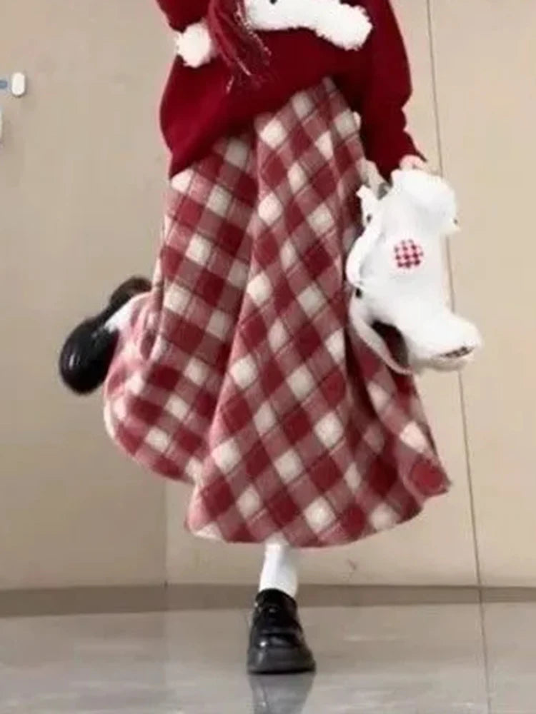 Red Plaid Midi Skirt Women Fall Winter Vintage High Waist Sweet Woolen Cloth Skirts Retro Loose Preppy Aesthetic Female Skirt