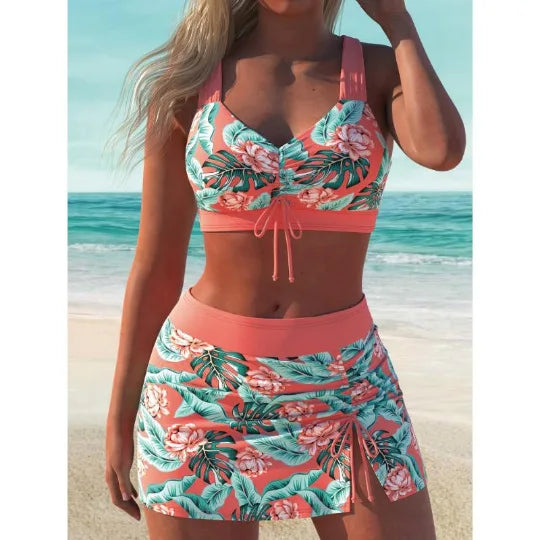 2025 Women Tree Printed Swimwear 2 Piece Swimsuit Sexy Tight Vest Crop Tops High Waist Mini Skirt With Panties Holiday Clothes