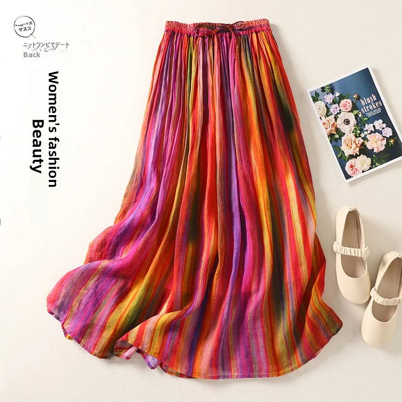 Summer Vintage Versatile Double Layered Flax A-Line Midi Skirt Slimming Elastic Waist Rainbow Stripes Long Skirt