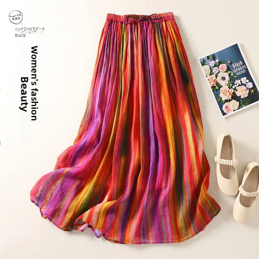 Summer Vintage Versatile Double Layered Flax A-Line Midi Skirt Slimming Elastic Waist Rainbow Stripes Long Skirt