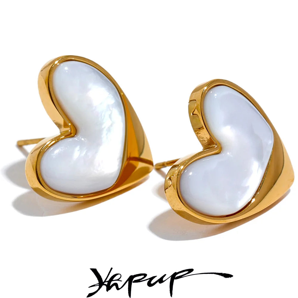 Yhpup Exquisite Stainless Steel Natural Shell Heart Love Chic Stud Earrings for Women Gold Color Fashion Charm Jewelry Bijoux