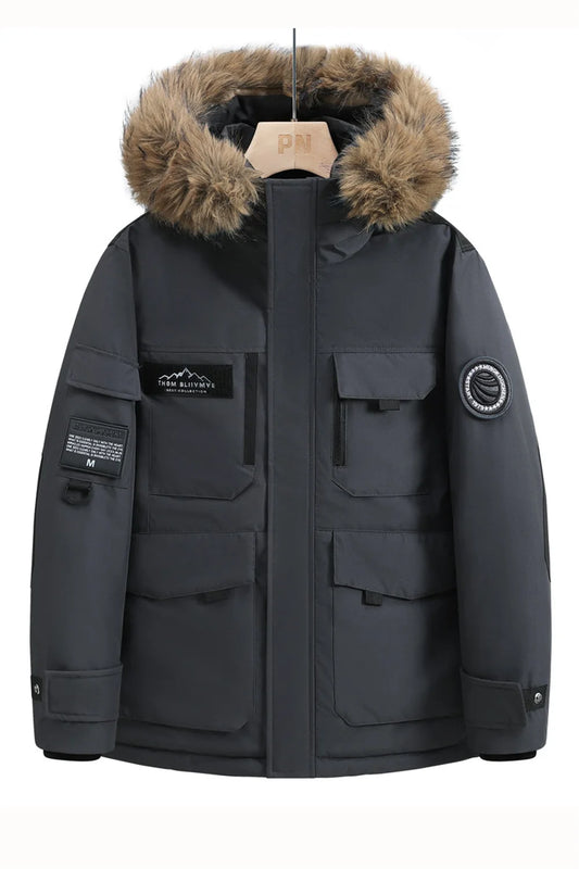 New winter jackets for men with hoods and leather collars. New high-quality waterproof jackets for men. Casual and warm jackets