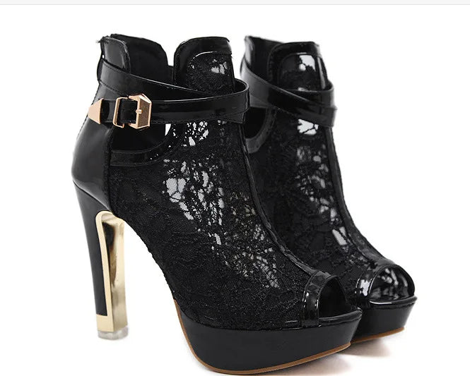 Sexy Mesh Fabric Platform High Heels Boots Sandals Women Peep Toe Nightclub Party Stiletto Female Shoes