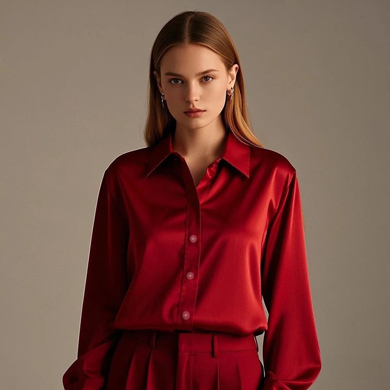 Luxury Satin Finish Shirts And Blouses For Women Clothes Casual Top OL Long Sleeve Single Breasted Elegant French Solid Blouses