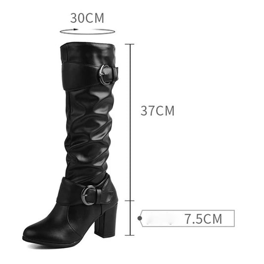 REAVE CAT Classic Women Knee High Boots Round Toe Block Heels 7.5cm 51 52 Pleated Fashion Booties
