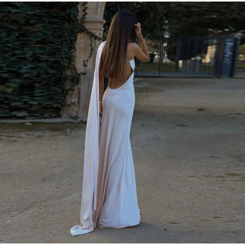 Elegant Ribbon Halter Dress Women Solid Off Shoulder Sleeveless Backless Slim Maxi Dresses 2025 Summer Autumn Party Robes Lady