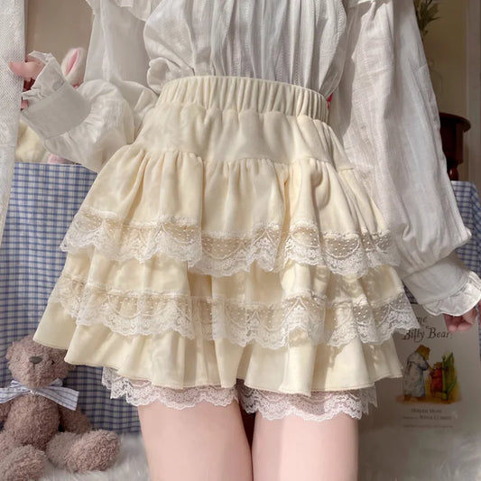 Japanese Style Kawaii Lolita Skirt Women Autumn Winter Sweet Lace Mini Cake Skirt Female Korea Princess Cute Party Skirt Shorts