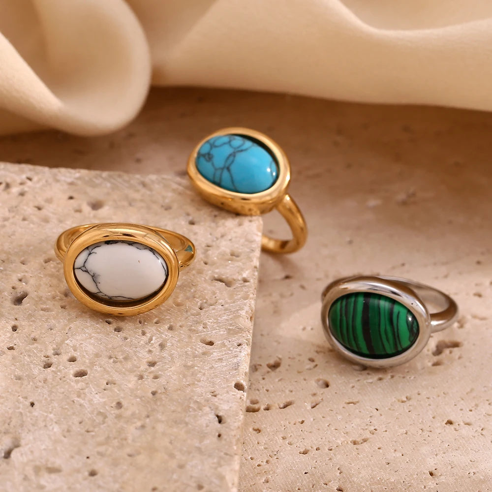 E.B.belle Minimalist Style Gemstone Ring Oval Shape Natural Stone 18k Gold Plated Stainless Steel Jewelry For Women Party GIft