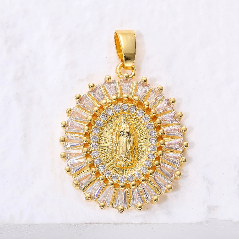 Juya 18K Real Gold Plated Religious Pendant Jewelry Making Supplies Creative Saint Mary Virgin Christian Cross Charms Supplies