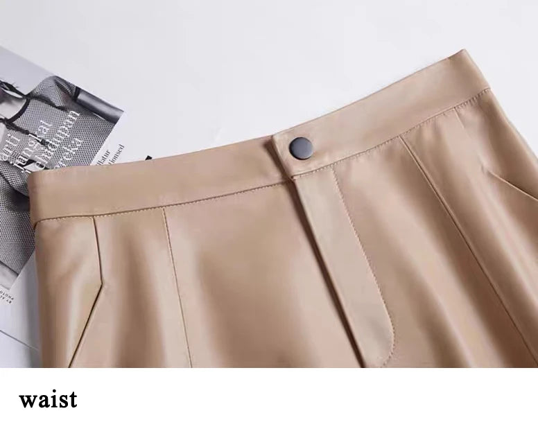 Women Caramel Genuine Leather Skirt 2025 Winter Female Natural Skin A-line Simple Big Hem Pleated Long Faldas Apricot Ropa Mujer