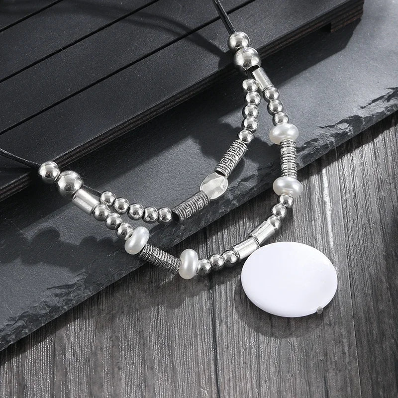 Bohemian Ethnic Wind Imitation Pearl Braided Necklaces Women Retro Hand-woven Beads Double Layer Rope Chain Vacation Jewelry