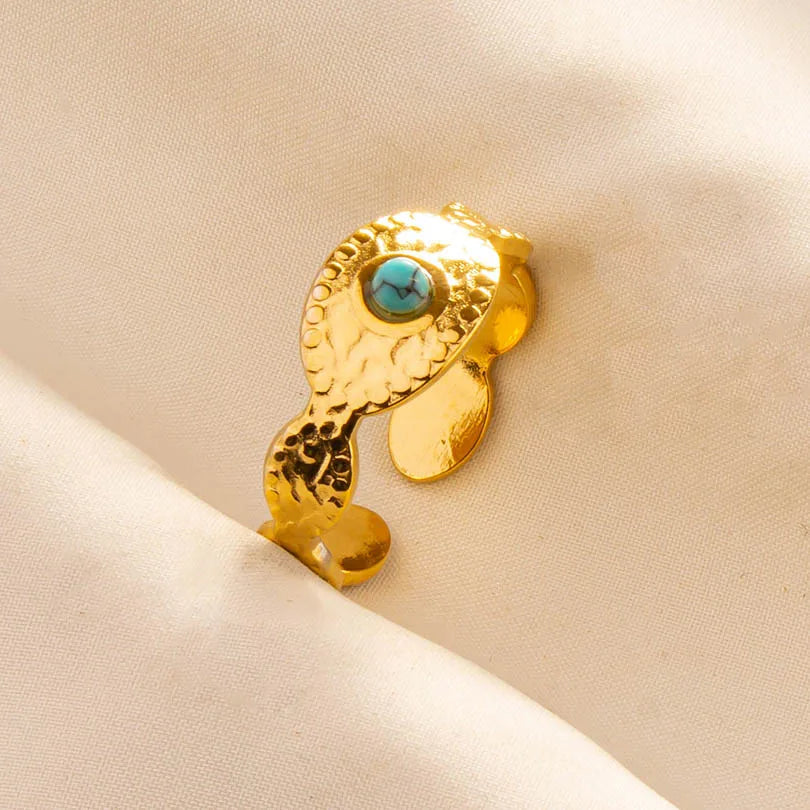 Classic Retro Turquoise Finger Jewelry Stainless Steel Rings For Women Men Accessories Open Adjustable 18k Real Gold Plated Ring