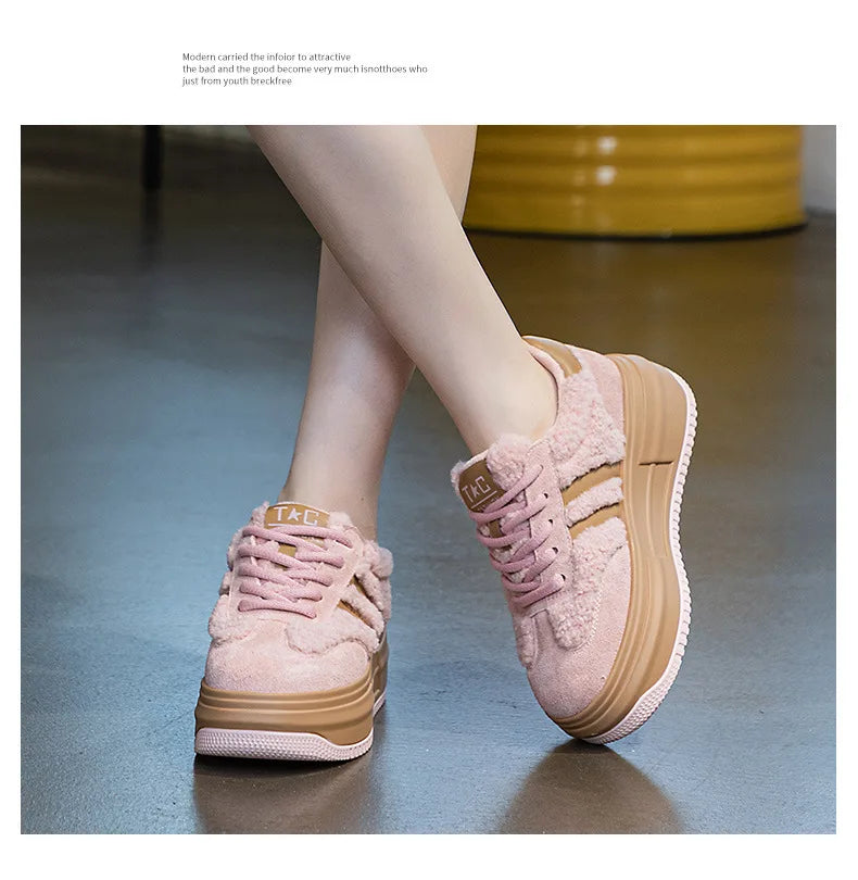 6CM Pink Natural Genuine Leather Fashion Breathable Casual Women's Shoes Platform Warm Plush Winter Autumn Comfy Ankle Booties