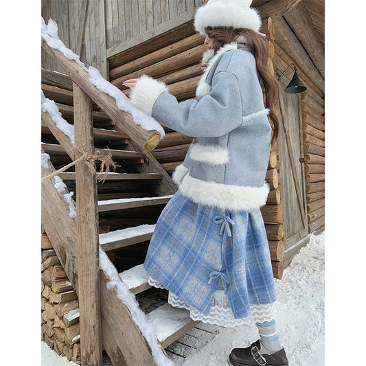 MEXZT Vintage Plaid Woolen Midi Skirt Women Japanese Kawaii Bow Lace Patchwork Skirts Winter Harajuku Cute Casual A Line Faldas